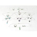 Five sterling silver and gemstone set jewellery sets, comprising necklace pendant drops with chains,