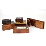 Five various trinket boxes comprising an Edwardian oak gentlemen's dressing table box with