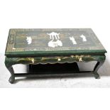 A modern green painted Oriental coffee table with Shibayama-type inlaid decoration to the top