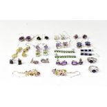 Fifteen pairs of hallmarked silver and gemstone set earrings, comprising black spinel,