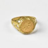 A gentlemen's vintage 9ct gold signet ring with Mexican Maximilian gold coin, 1865,