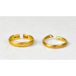 Two 22ct gold band rings, (both cut), sizes approx L and K, combined approx 7.3g (2).