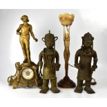 A pair of Benin-type reproduction figures, an Art Deco inspired lamp and a figural timepiece (af).