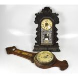 A c1900 'gingerbread'-type mantel clock and a barometer in need of complete restoration (2).