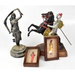 A group of predominantly spelter figures, also a resin figure, plinths, etc.
