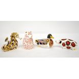 ROYAL CROWN DERBY; four porcelain animal paperweights, mostly decorated in the Imari palette,