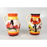 WEDGWOOD 'BIZARRE' BY CLARICE CLIFF; two hand painted limited edition 'Lotus' jugs, 'Farmhouse',