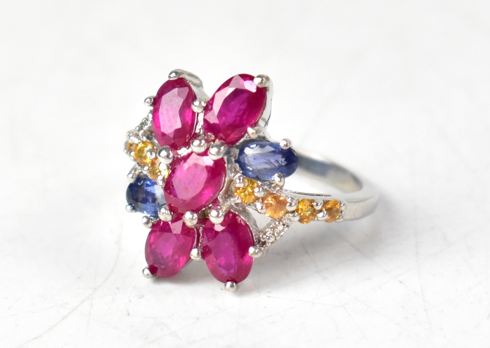 Five hallmarked sterling silver rings, comprising a ruby, sapphire and diamond ring, - Image 2 of 6
