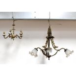 A three-branch electrolier with opaque Art Nouveau style glass shades (one missing), height 64cm,