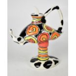 LORNA BAILEY; an abstract pedestal teapot with black and white cow pattern large peaked handle,