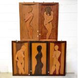 Five carved hardwood panels of the nude female form, each panel 91 x 45cm (5).