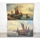 W BUTLER; two late 19th century oils on canvas, both harbour scenes with sail boats,