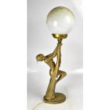 An Art Deco style gilded plaster table lamp in the form of a nude female, with globular shade,
