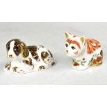 ROYAL CROWN DERBY; two Imari paperweights comprising 'Scruff' a spaniel, and 'Spice' a kitten,