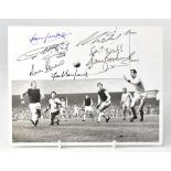 WEST HAM LEGENDS; a black and white photograph of Bobby Moore, Martin Peters, Sir Geoff Hurst,