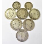 George III half crowns, two 1817, two 1834 and 1819, together with two George III shillings, 1816,