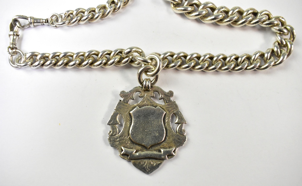 A hallmarked silver heavy and wide watch guard Albert chain with silver shield fob, - Image 2 of 2