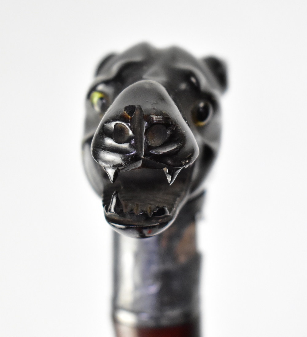 A late 19th early 20th century blackthorn walking stick with carved wooden handle in the form of a - Image 5 of 5