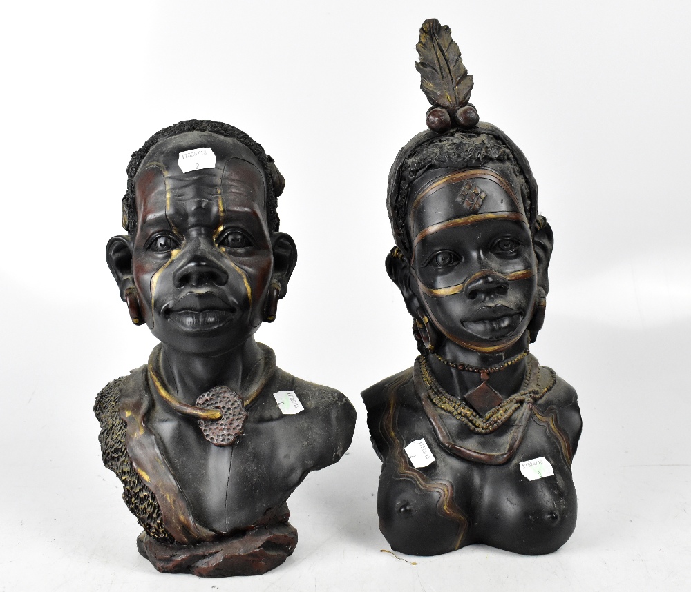 A pair of decorative resin busts, height of largest 39.5cm (2).