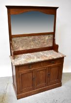 An Edwardian mirror back rouge marble top wash stand with string inlay,