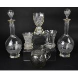 Six pieces of 19th century glassware to include a pair of ovoid decanters with hobnail decoration