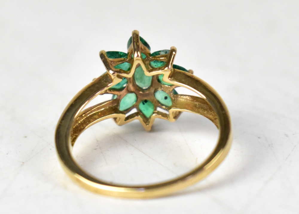 A 9ct yellow gold ring set with Terezinha emerald flowerhead with split shoulders, - Image 3 of 3