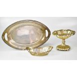 An oval white metal tray with scroll rim, length 39cm, a white metal oval basket with pierced sides,