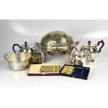 A quantity of silver plate including a meat dome, twin-handled tray in the Art Deco style, tea set,