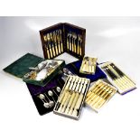 Eight cased and boxed sets of cutlery, including spoons, fish knives, forks, etc,