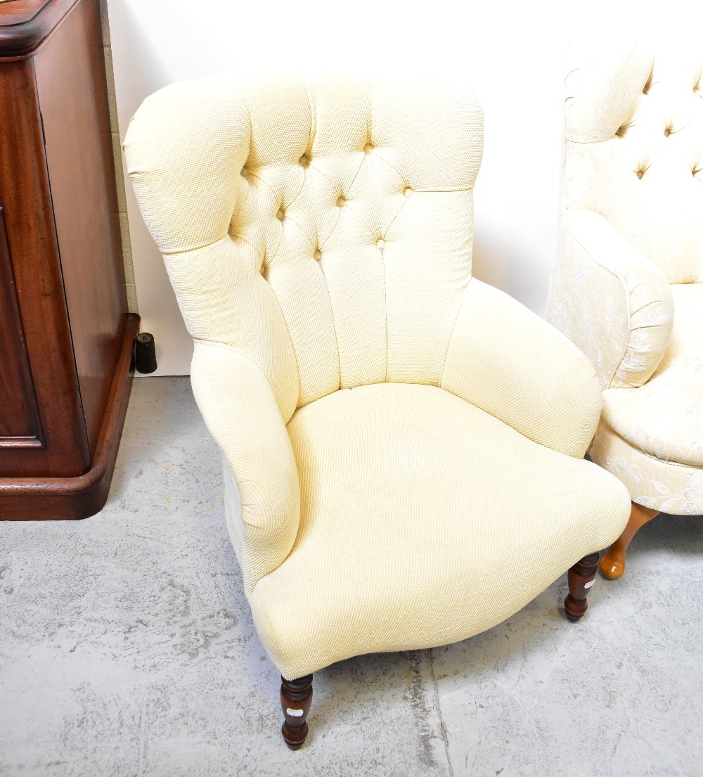 Three Victorian-style button back tub armchairs, each upholstered in a cream fabric, - Image 2 of 2