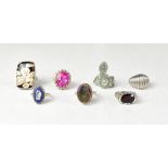 Seven unusual silver and gemstone fashion rings,