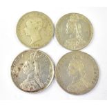 Four Victorian silver coins to include two 1887 Jubilee head double florins,