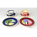 WEDGWOOD 'BIZARRE' BY CLARICE CLIFF; two hand painted limited edition conical tea sets,