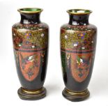A pair of slender cloisonné vases decorated with birds and dragons in shield-shaped cartouches,