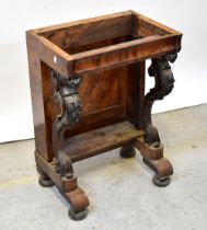 A Victorian figured walnut console table with marble top above scrolling supports,