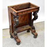 A Victorian figured walnut console table with marble top above scrolling supports,