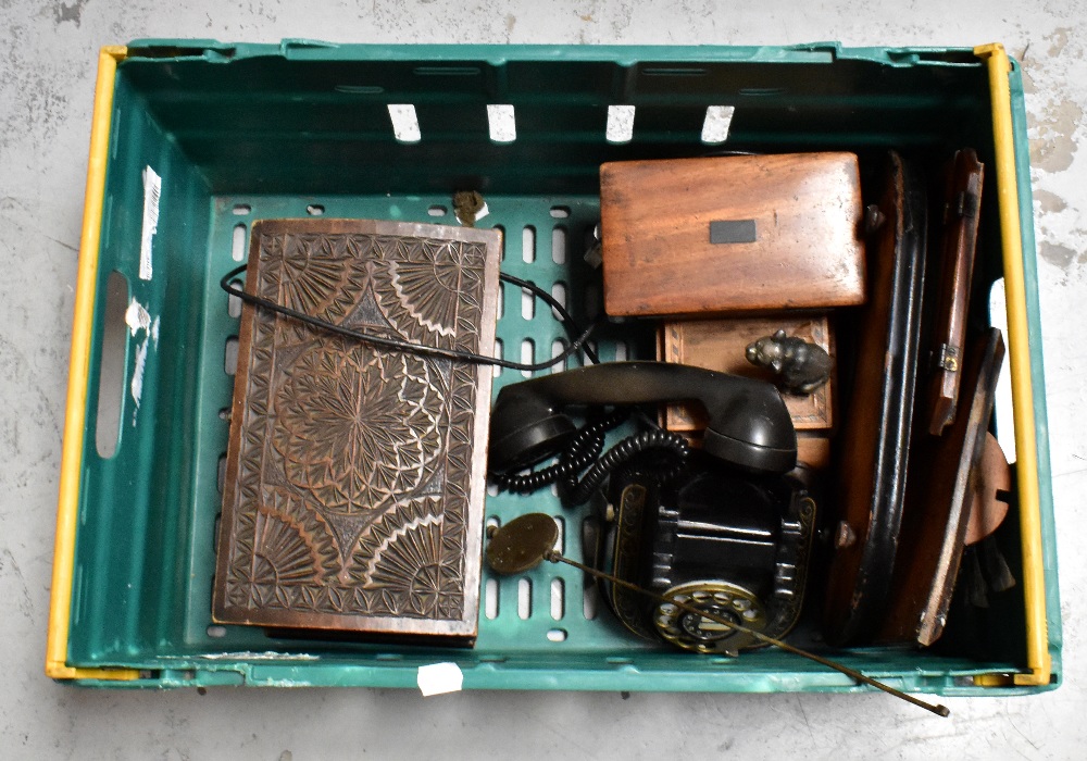 A group of collectors' items, including brass balance scales, clock, carved box, etc. - Image 3 of 3