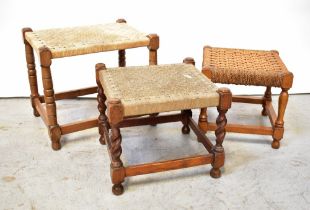 Three woven-topped stools of varying designs, height of smallest 29cm (3).