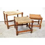 Three woven-topped stools of varying designs, height of smallest 29cm (3).