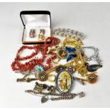 Various items of costume jewellery to include micromosaic brooches, embroidered brooches, tie clips,
