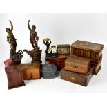 A group of collectors' items including a box, pair of spelter figures, etc.