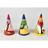 WEDGWOOD 'BIZARRE' BY CLARICE CLIFF; three hand painted limited edition conical sugar shakers,