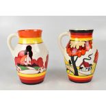WEDGWOOD 'BIZARRE' BY CLARICE CLIFF; two hand painted limited edition 'Lotus' jugs, 'Farmhouse',