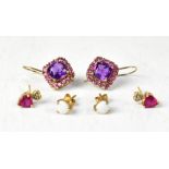 Three pairs of 9ct gold earrings comprising claw set amethyst within borders of pink stones,