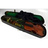 Three violins comprising a 3/4 size two-piece back violin with bow in felt lined case by Rushworth