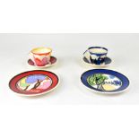 WEDGWOOD 'BIZARRE' BY CLARICE CLIFF; two hand painted limited edition conical tea sets,