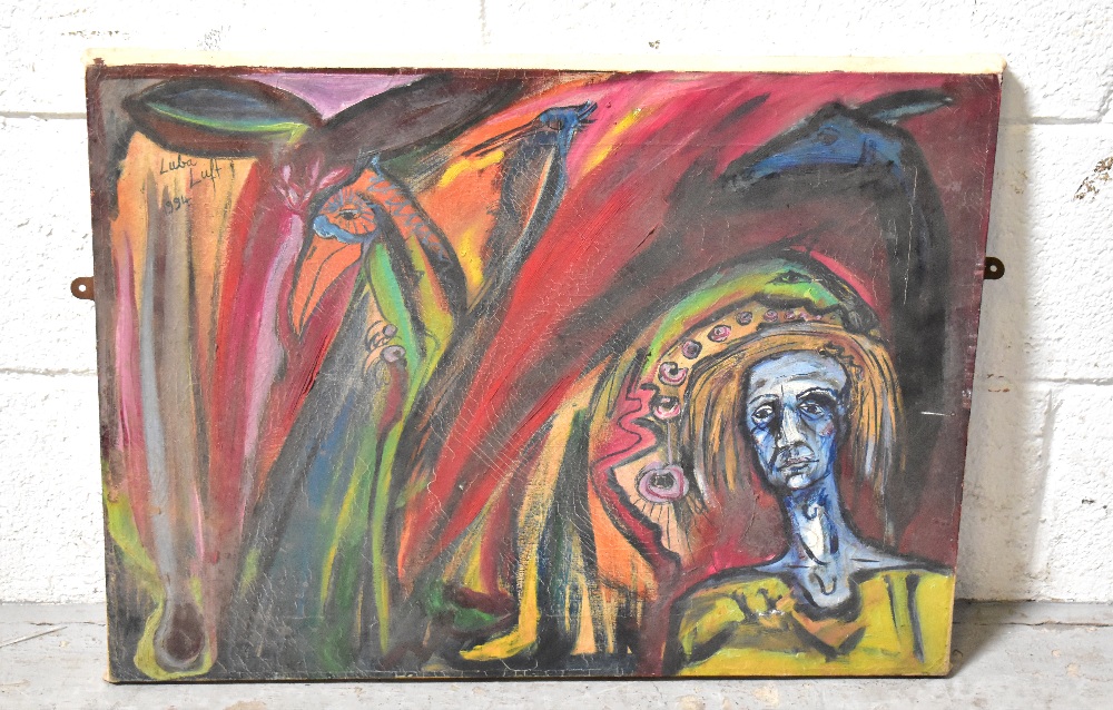 LUBA LUFT (20th century); oil, abstract jungle and bird, 44 x 57cm.