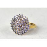 A 9ct yellow gold tanzanite domed cluster ring, size O, approx 4g.