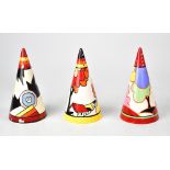 WEDGWOOD 'BIZARRE' BY CLARICE CLIFF; three hand painted limited edition conical sugar shakers,