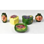 MOORCROFT; five miniature items to include two 'Hibiscus' pattern vases,